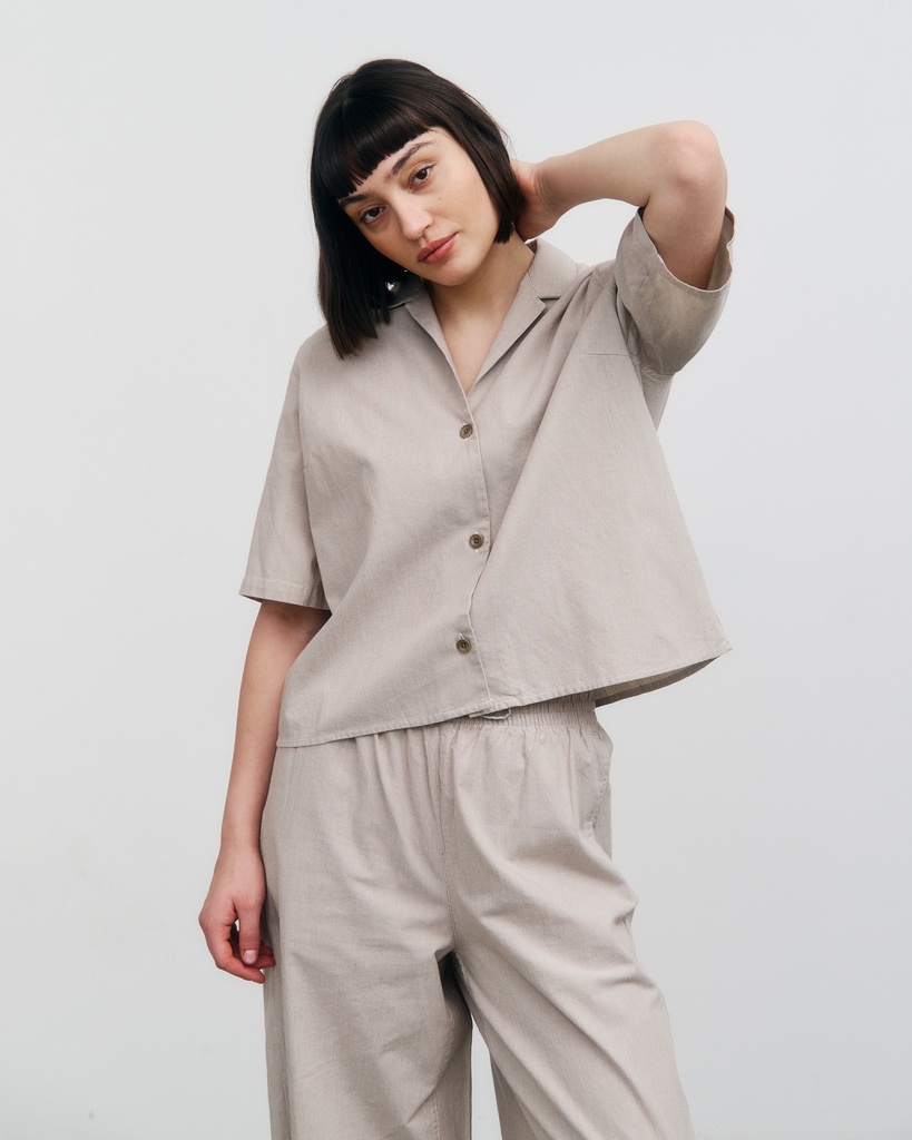 Rotholz Skyrta Cropped Bowling Shirt Beige Stripe